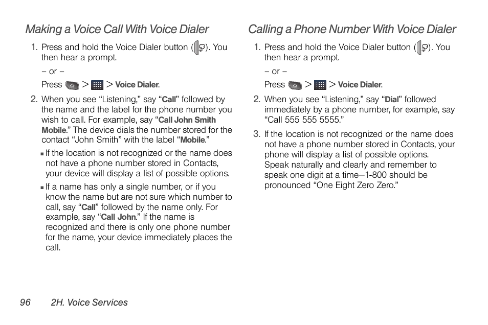Making a voice call with voice dialer, Calling a phone number with voice dialer | LG LGLS670 User Manual | Page 110 / 213