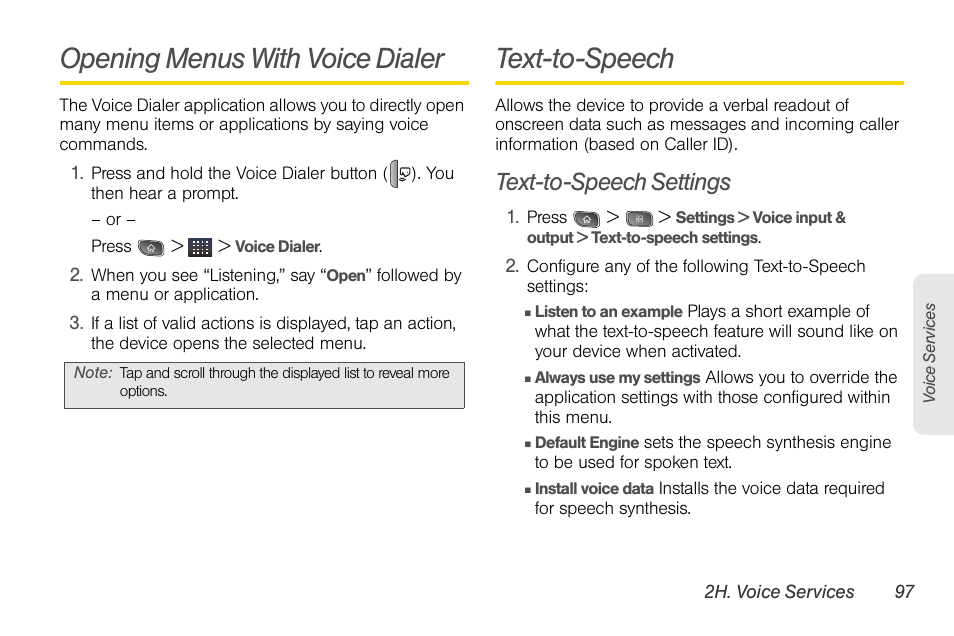 Opening menus with voice dialer, Text-to-speech, Text-to-speech settings | LG LGLS670 User Manual | Page 111 / 213