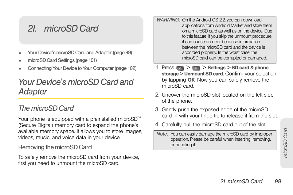 2i. microsd card, Your device's microsd card and adapter, The microsd card | Microsd card | LG LGLS670 User Manual | Page 113 / 213