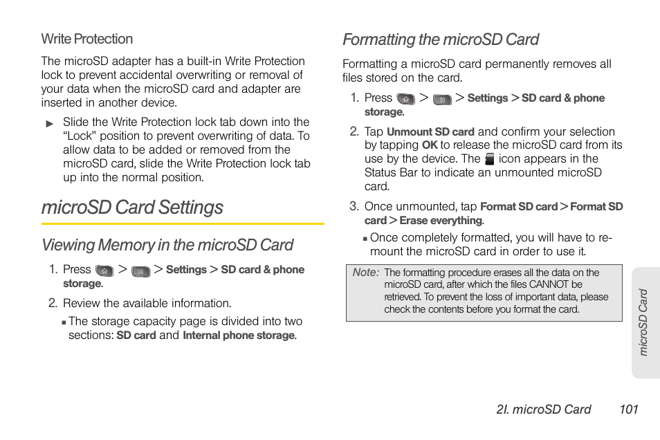 Microsd card settings, Viewing memory in the microsd card, Formatting the microsd card | LG LGLS670 User Manual | Page 115 / 213
