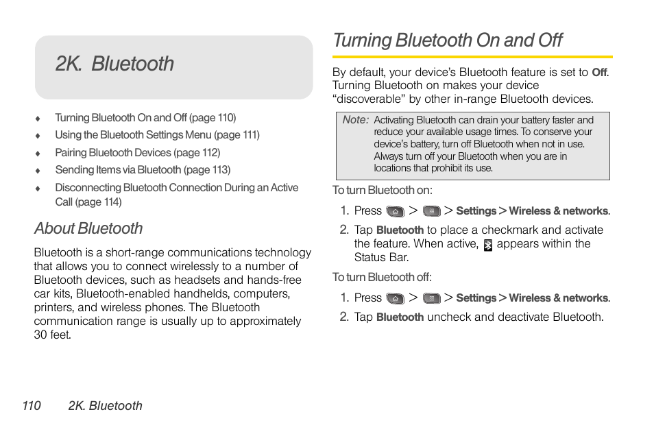 2k. bluetooth, About bluetooth, Turning bluetooth on and off | LG LGLS670 User Manual | Page 124 / 213