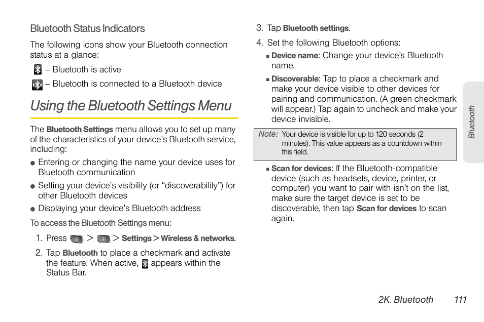 Using the bluetooth settings menu, Bluetooth status indicators | LG LGLS670 User Manual | Page 125 / 213