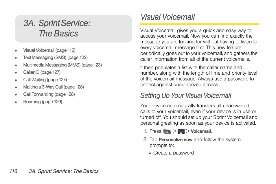 3a. sprint service: the basics, Visual voicemail, Setting up your visual voicemail | LG LGLS670 User Manual | Page 130 / 213