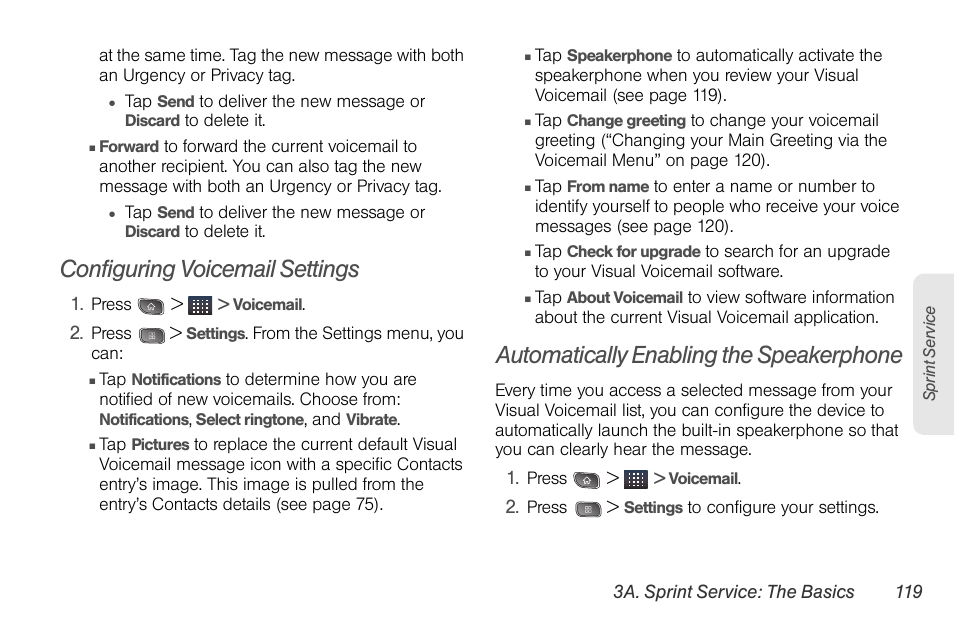 Configuring voicemail settings, Automatically enabling the speakerphone | LG LGLS670 User Manual | Page 133 / 213