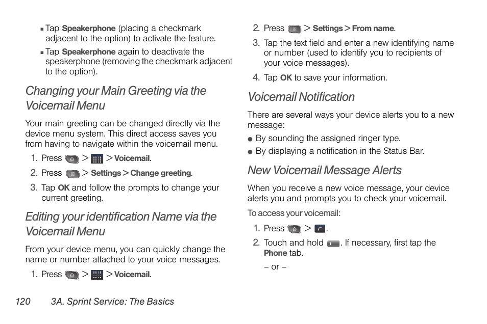 Changing your main greeting via the voicemail menu, Voicemail notification, New voicemail message alerts | LG LGLS670 User Manual | Page 134 / 213