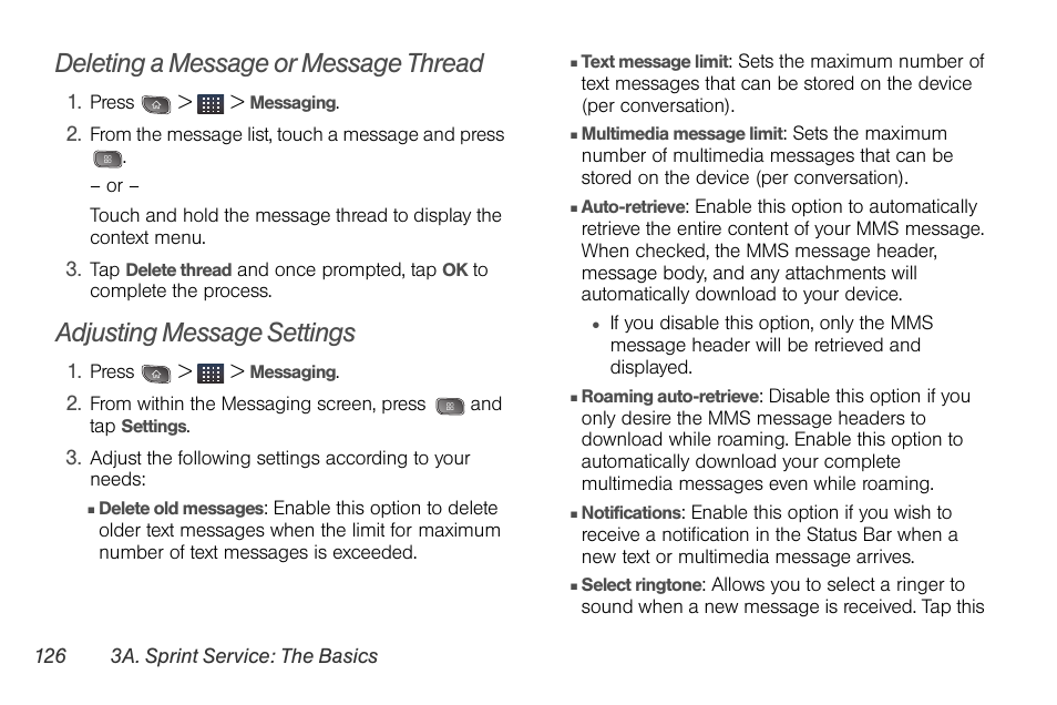 Deleting a message or message thread, Adjusting message settings | LG LGLS670 User Manual | Page 140 / 213