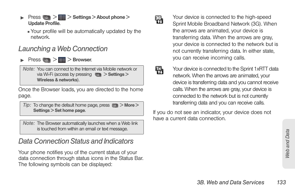 Launching a web connection, Data connection status and indicators | LG LGLS670 User Manual | Page 147 / 213