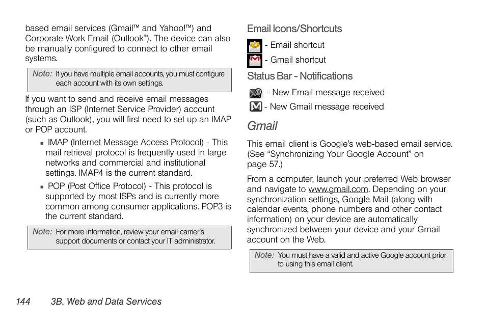 Gmail, Email icons/shortcuts, Status bar - notifications | LG LGLS670 User Manual | Page 158 / 213