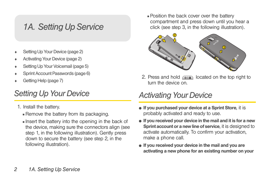 1a. setting up service, Setting up your device, Activating your device | LG LGLS670 User Manual | Page 16 / 213