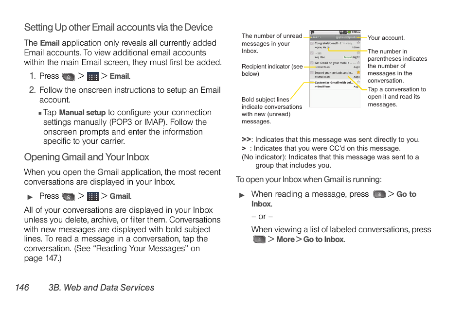 Setting up other email accounts via the device, Opening gmail and your inbox | LG LGLS670 User Manual | Page 160 / 213