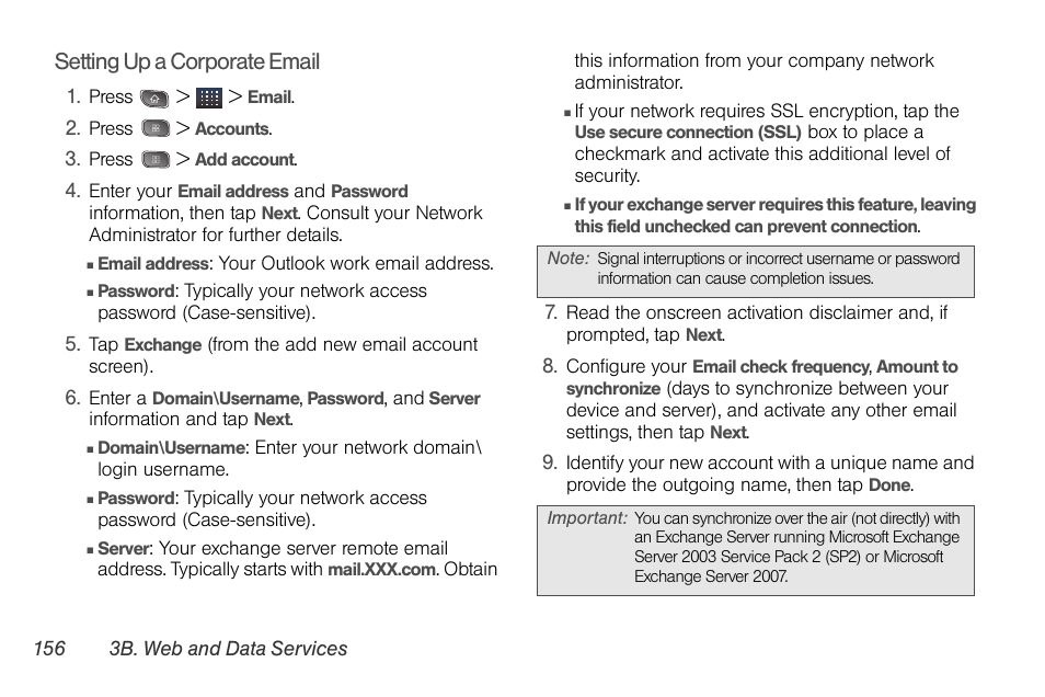 Setting up a corporate email | LG LGLS670 User Manual | Page 170 / 213