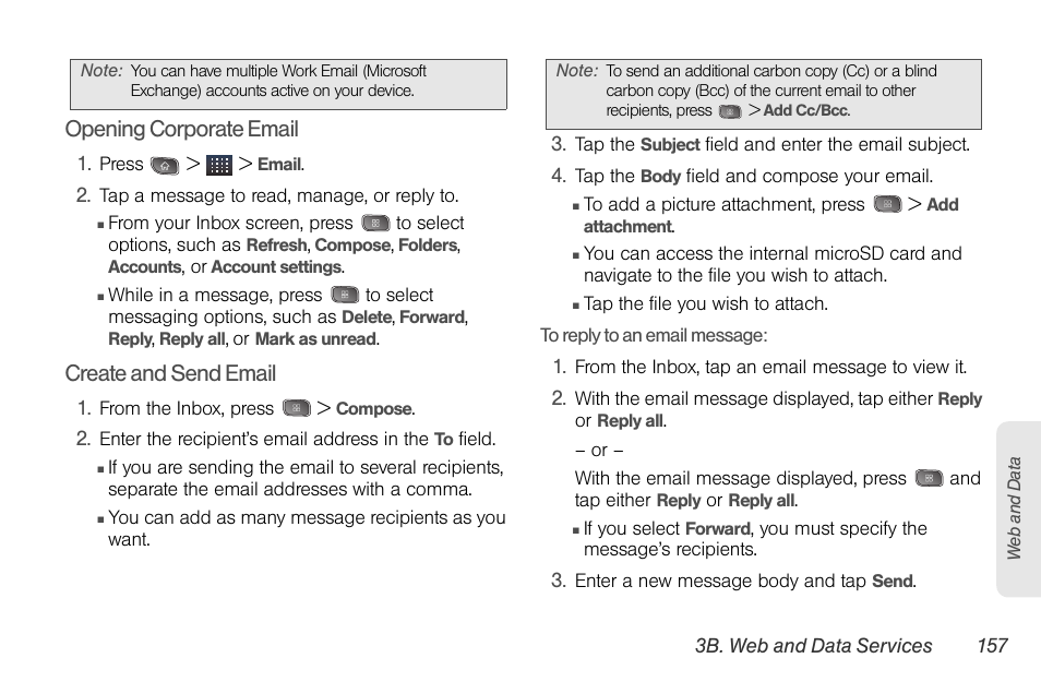 Opening corporate email, Create and send email | LG LGLS670 User Manual | Page 171 / 213
