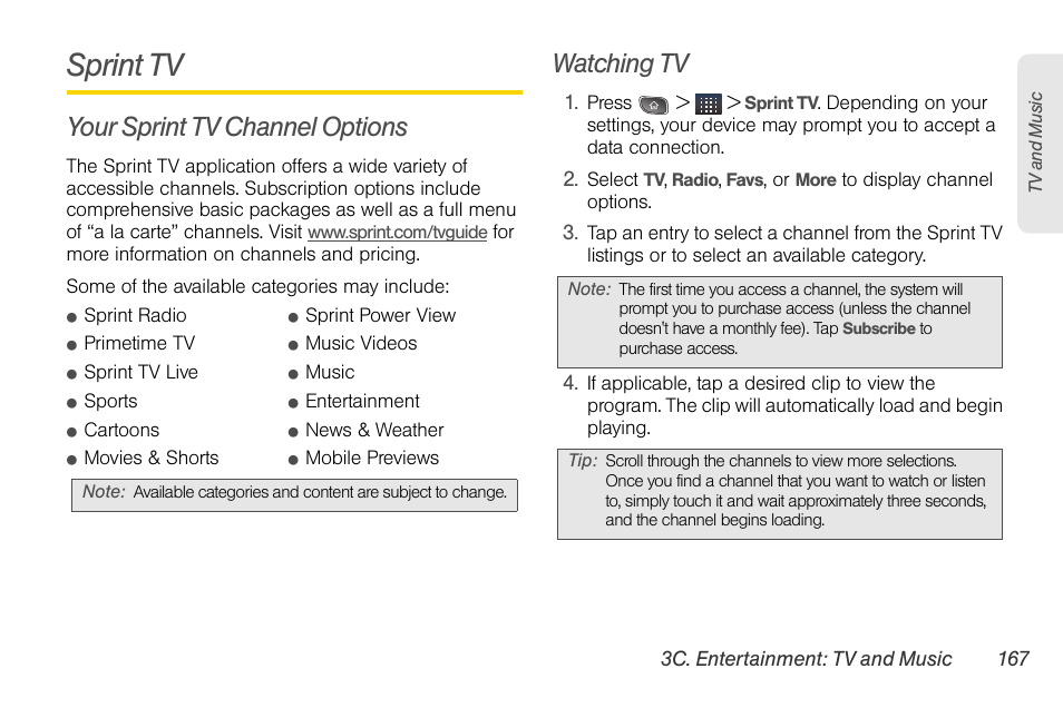 Sprint tv, Your sprint tv channel options, Watching tv | LG LGLS670 User Manual | Page 181 / 213