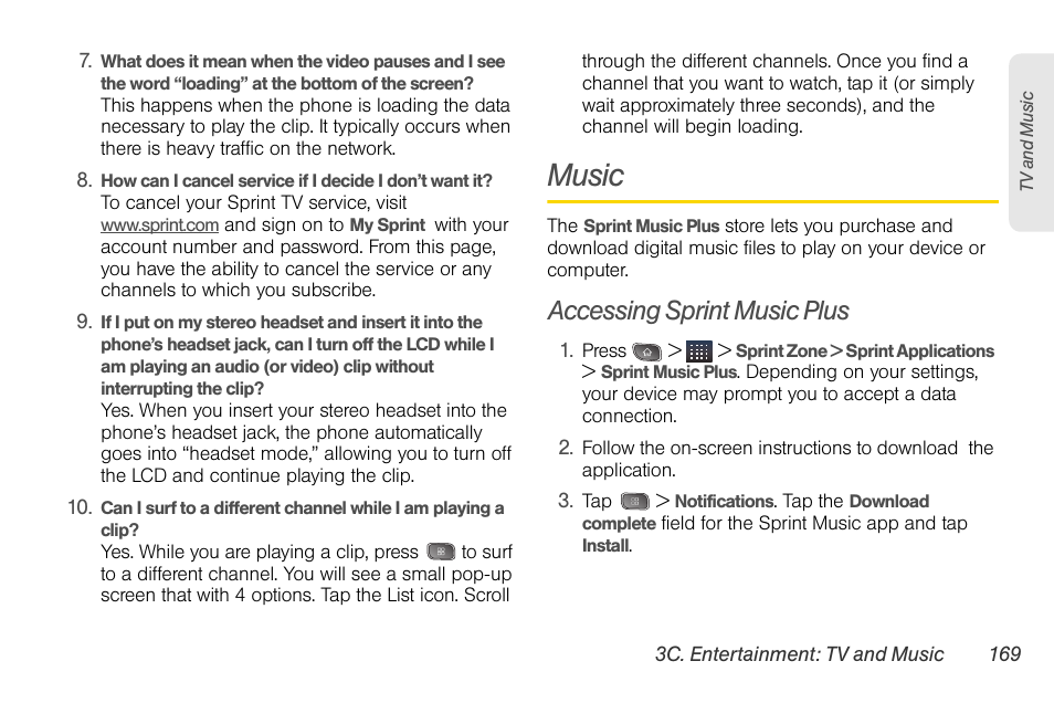 Music, Accessing sprint music plus | LG LGLS670 User Manual | Page 183 / 213