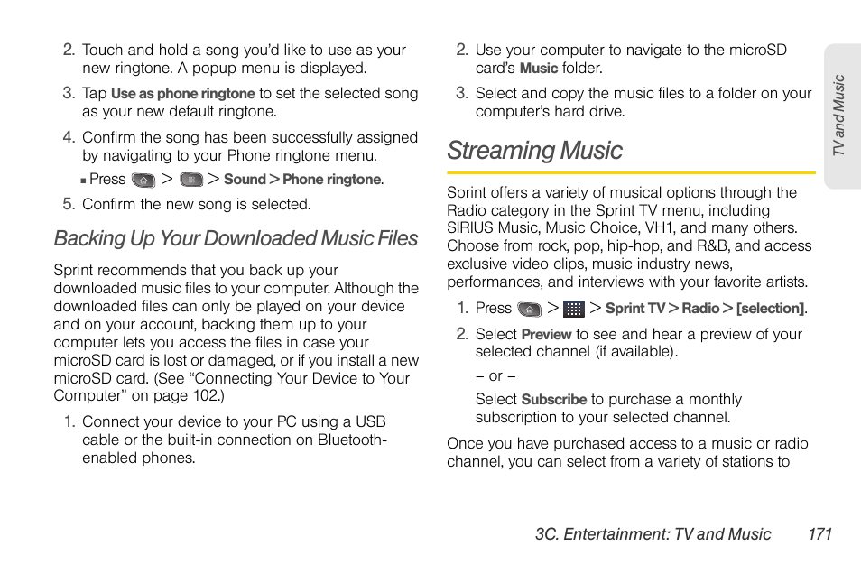 Backing up your downloaded music files, Streaming music | LG LGLS670 User Manual | Page 185 / 213