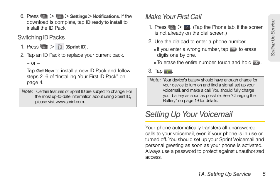 Make your first call, Setting up your voicemail | LG LGLS670 User Manual | Page 19 / 213