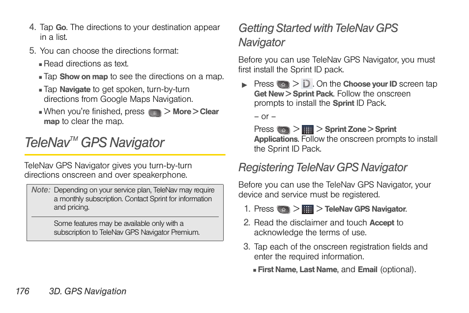 Telenavtm gps navigator, Getting started with telenav gps navigator, Registering telenav gps navigator | Telenav, Gps navigator | LG LGLS670 User Manual | Page 190 / 213