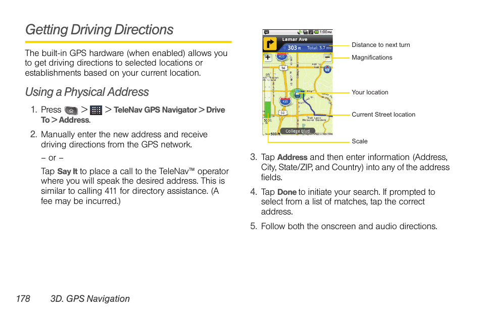 Getting driving directions, Using a physical address | LG LGLS670 User Manual | Page 192 / 213