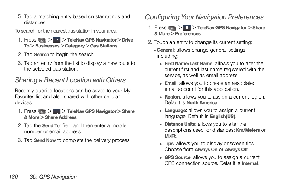 Sharing a recent location with others, Configuring your navigation preferences | LG LGLS670 User Manual | Page 194 / 213