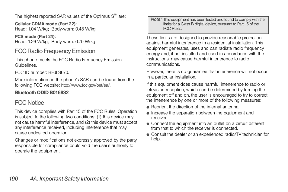 Fcc radio frequency emission, Fcc notice | LG LGLS670 User Manual | Page 204 / 213