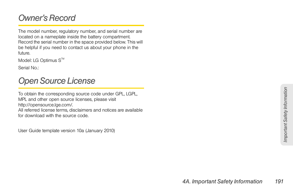 Owner’s record, Open source license | LG LGLS670 User Manual | Page 205 / 213