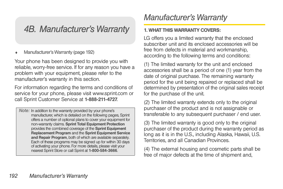 4b. manufacturer’s warranty, Manufacturer’s warranty | LG LGLS670 User Manual | Page 206 / 213