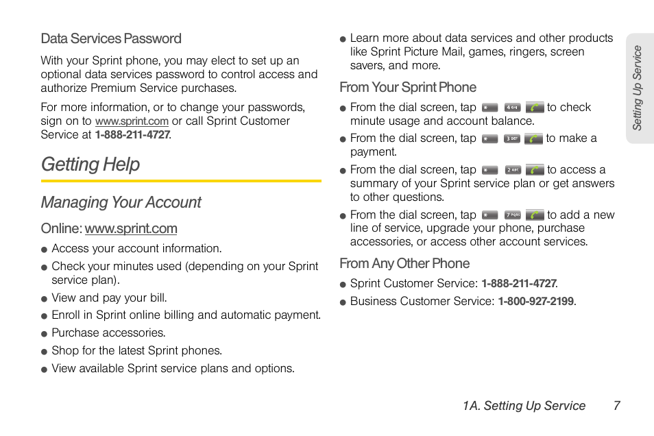 Getting help, Managing your account, Data services password | LG LGLS670 User Manual | Page 21 / 213