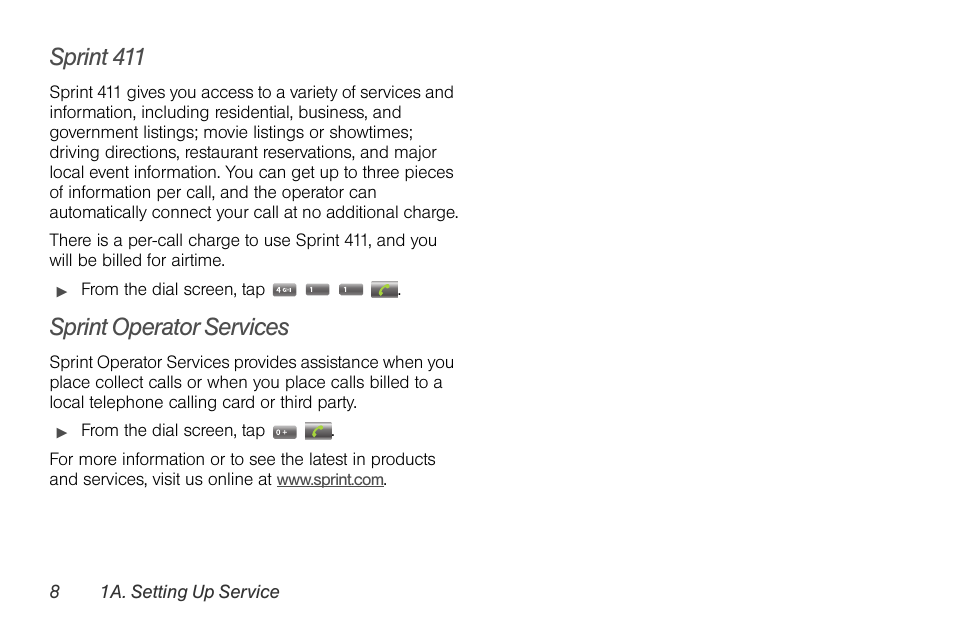 Sprint 411, Sprint operator services | LG LGLS670 User Manual | Page 22 / 213