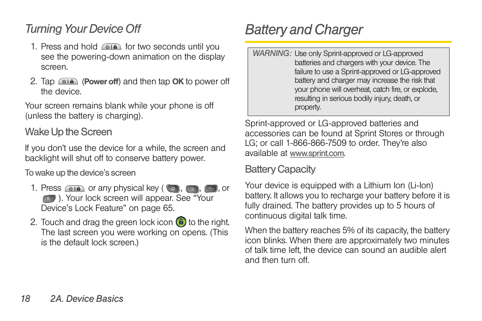 Turning your device off, Battery and charger | LG LGLS670 User Manual | Page 32 / 213