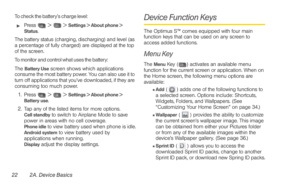 Device function keys, Menu key | LG LGLS670 User Manual | Page 36 / 213