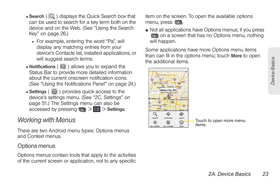 Working with menus, Options menus | LG LGLS670 User Manual | Page 37 / 213