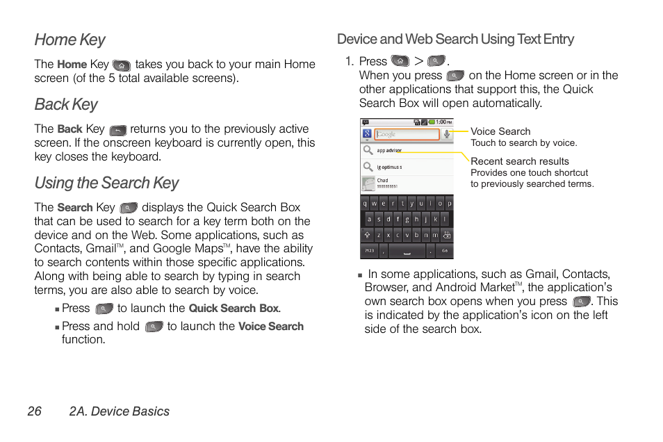 Home key, Back key, Using the search key | Device and web search using text entry | LG LGLS670 User Manual | Page 40 / 213