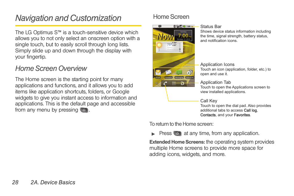 Navigation and customization, Home screen overview, Home screen | LG LGLS670 User Manual | Page 42 / 213