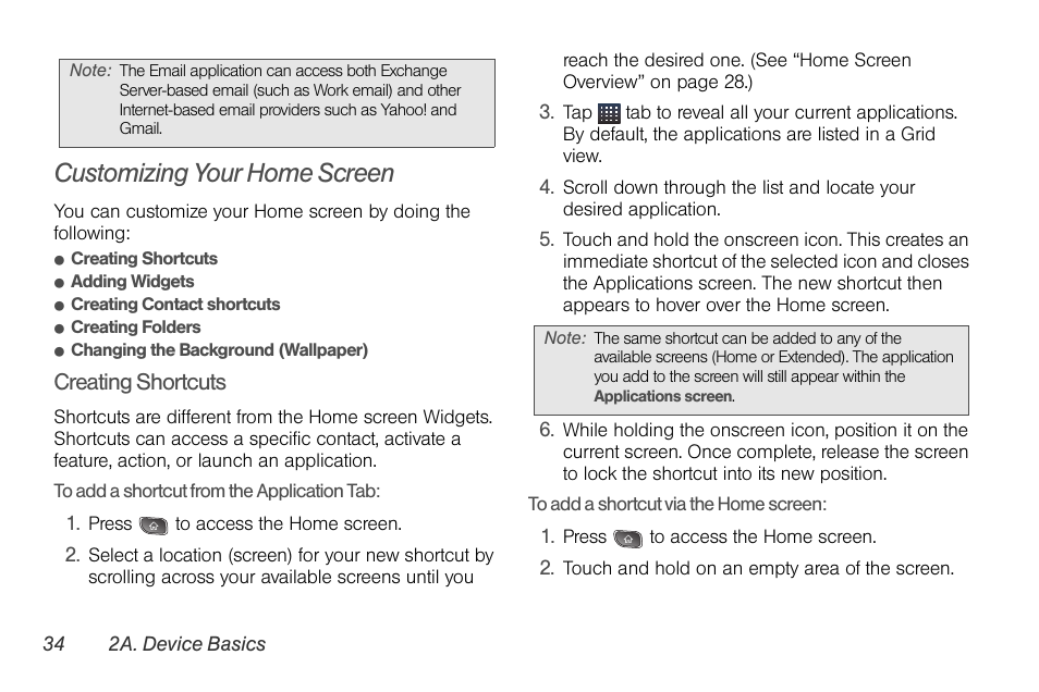 Customizing your home screen, Creating shortcuts | LG LGLS670 User Manual | Page 48 / 213