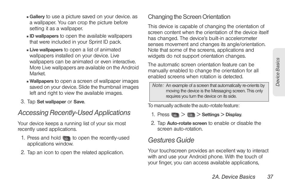 Accessing recently-used applications, Gestures guide | LG LGLS670 User Manual | Page 51 / 213