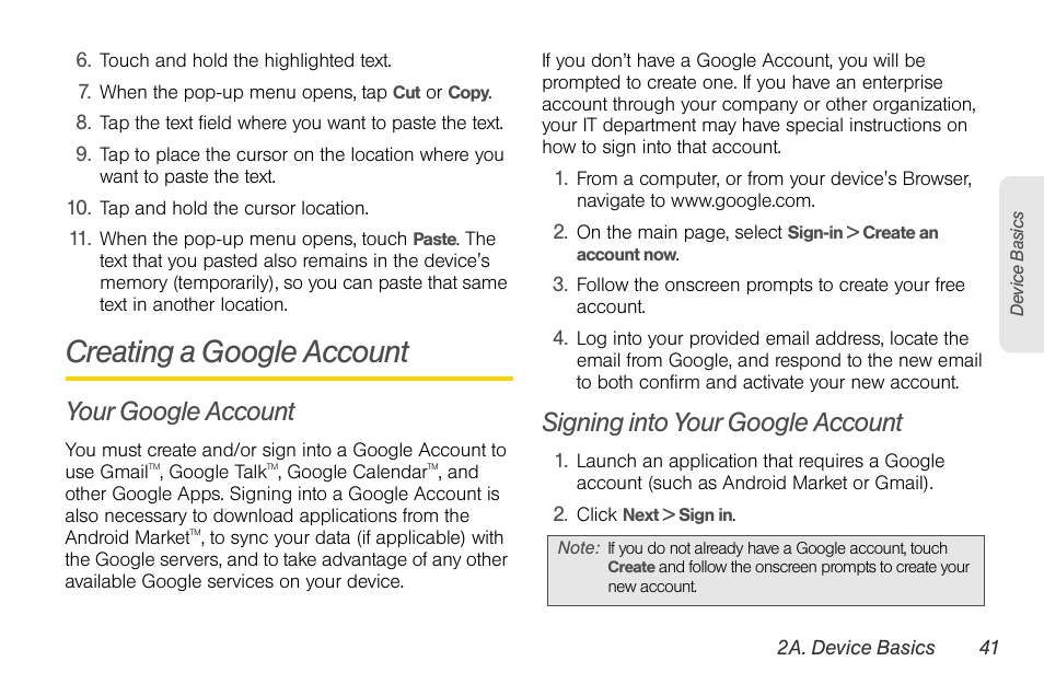 Creating a google account, Your google account, Signing into your google account | LG LGLS670 User Manual | Page 55 / 213