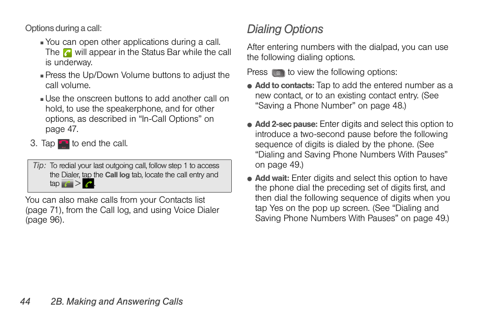 Dialing options | LG LGLS670 User Manual | Page 58 / 213