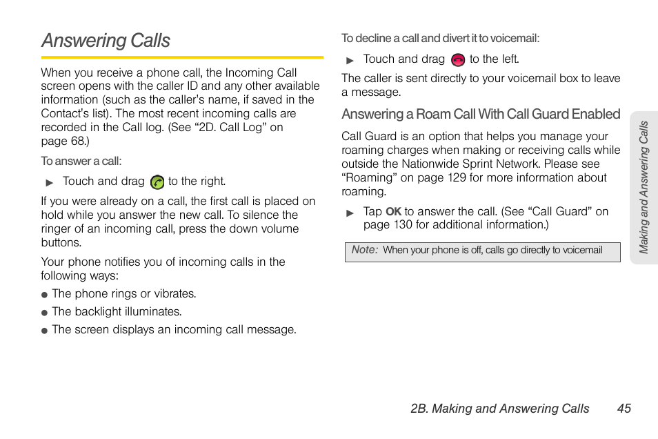 Answering calls, Answering a roam call with call guard enabled | LG LGLS670 User Manual | Page 59 / 213