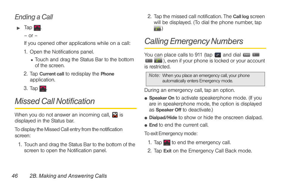 Ending a call, Missed call notification, Calling emergency numbers | LG LGLS670 User Manual | Page 60 / 213