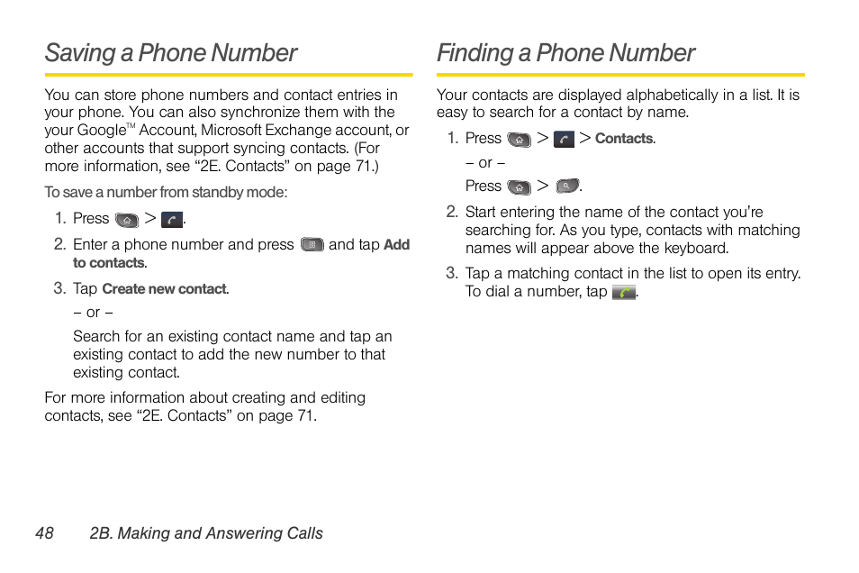 Saving a phone number, Finding a phone number | LG LGLS670 User Manual | Page 62 / 213