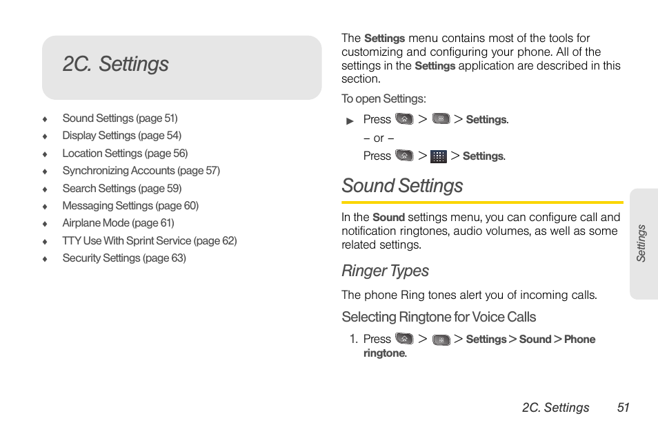 2c. settings, Sound settings, Ringer types | Selecting ringtone for voice calls | LG LGLS670 User Manual | Page 65 / 213