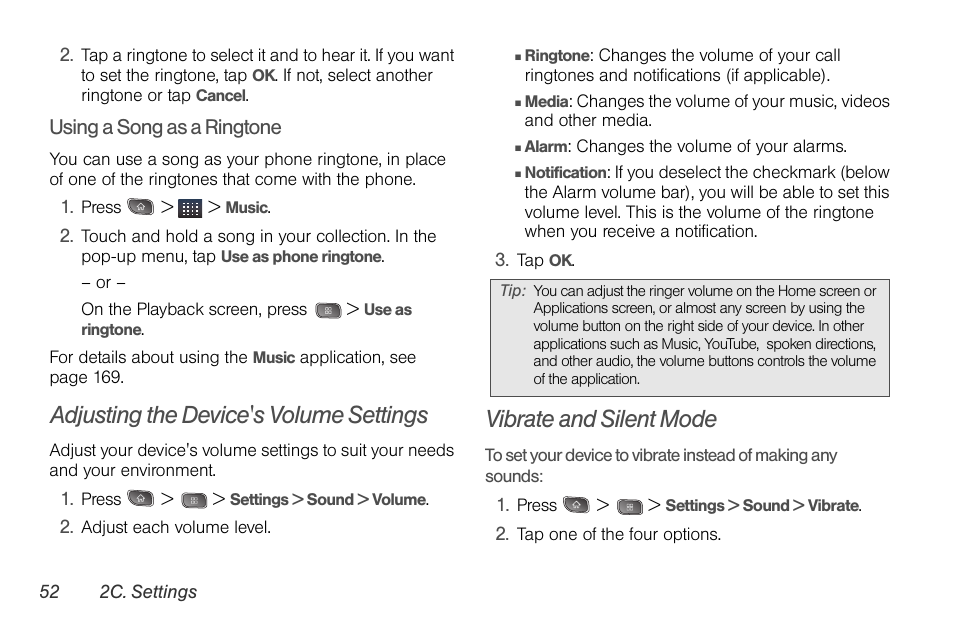 Adjusting the device's volume settings, Vibrate and silent mode | LG LGLS670 User Manual | Page 66 / 213