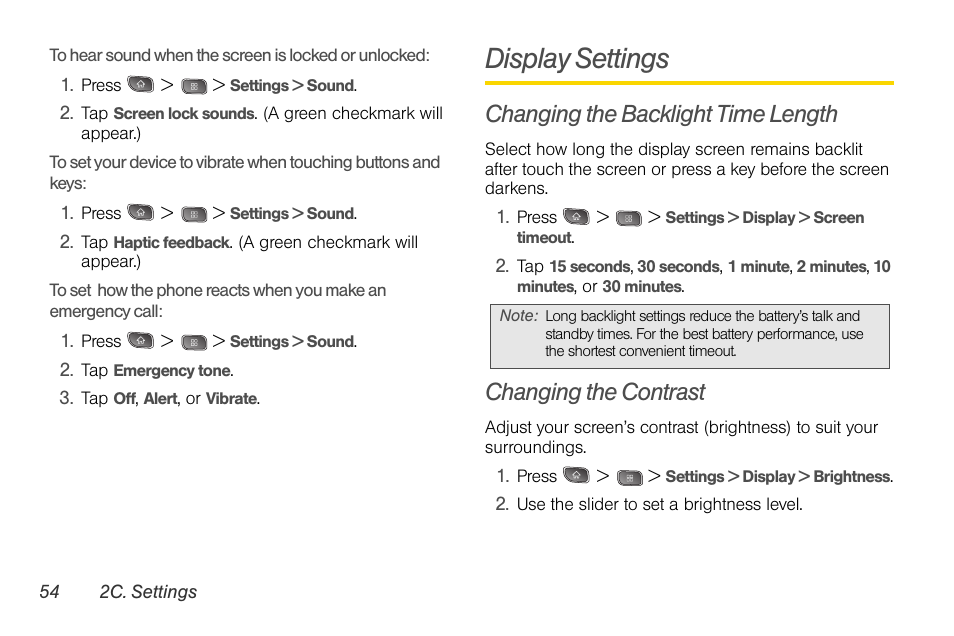 Display settings, Changing the backlight time length, Changing the contrast | LG LGLS670 User Manual | Page 68 / 213