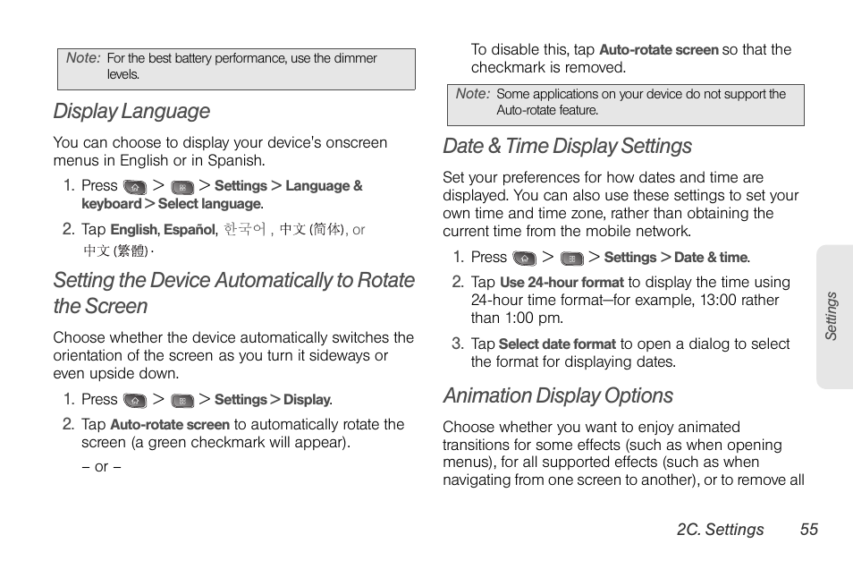 Display language, Date & time display settings, Animation display options | LG LGLS670 User Manual | Page 69 / 213