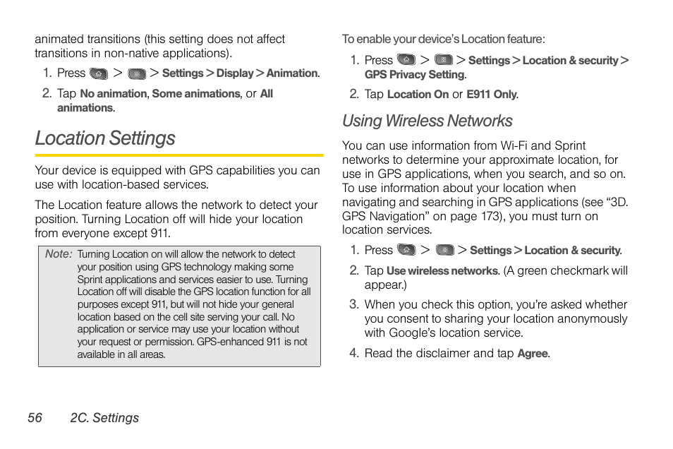 Location settings, Using wireless networks | LG LGLS670 User Manual | Page 70 / 213