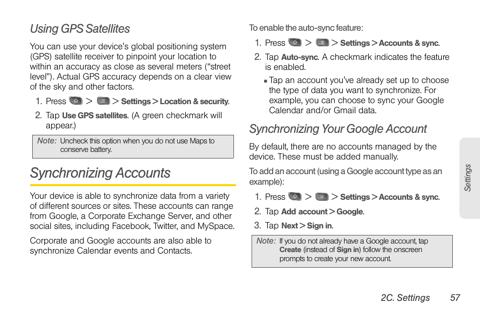 Using gps satellites, Synchronizing accounts, Synchronizing your google account | LG LGLS670 User Manual | Page 71 / 213