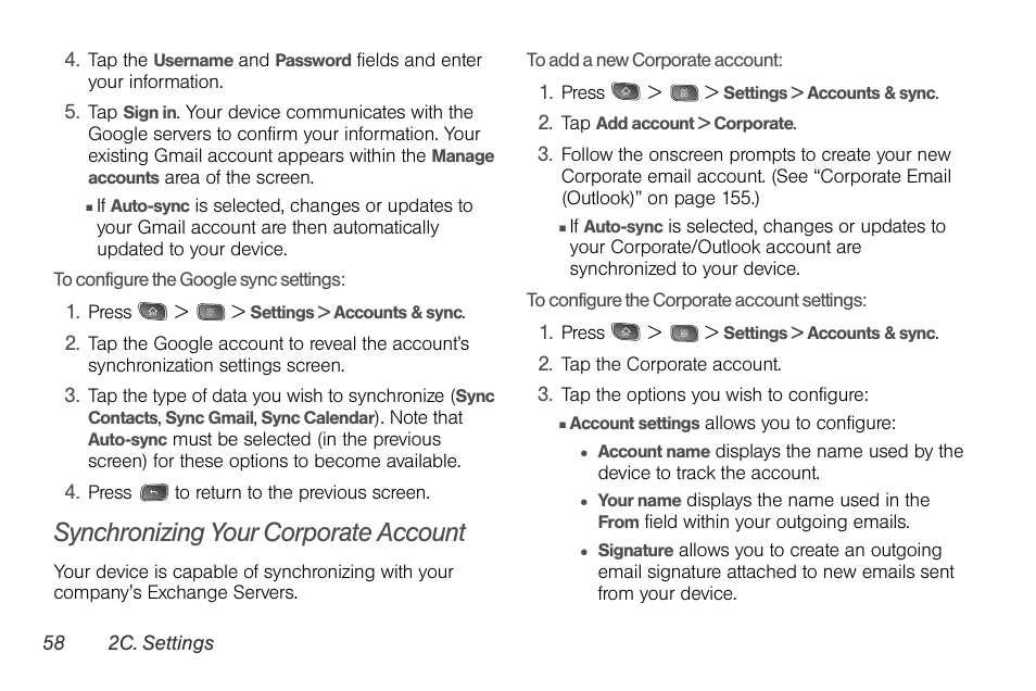 Synchronizing your corporate account | LG LGLS670 User Manual | Page 72 / 213