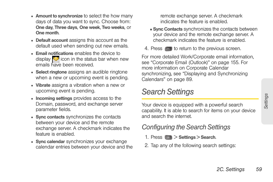 Search settings, Configuring the search settings | LG LGLS670 User Manual | Page 73 / 213