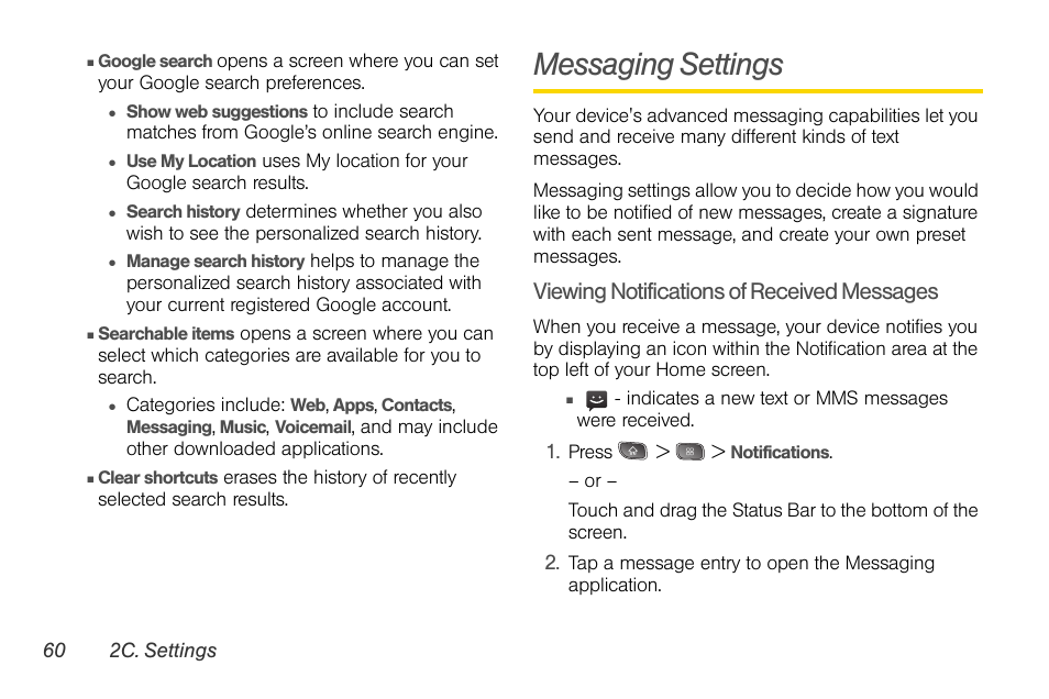 Messaging settings, Viewing notifications of received messages | LG LGLS670 User Manual | Page 74 / 213