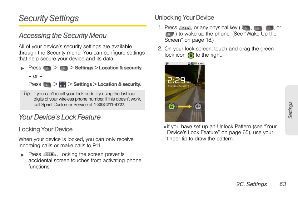 Security settings, Accessing the security menu, Your device's lock feature | LG LGLS670 User Manual | Page 77 / 213